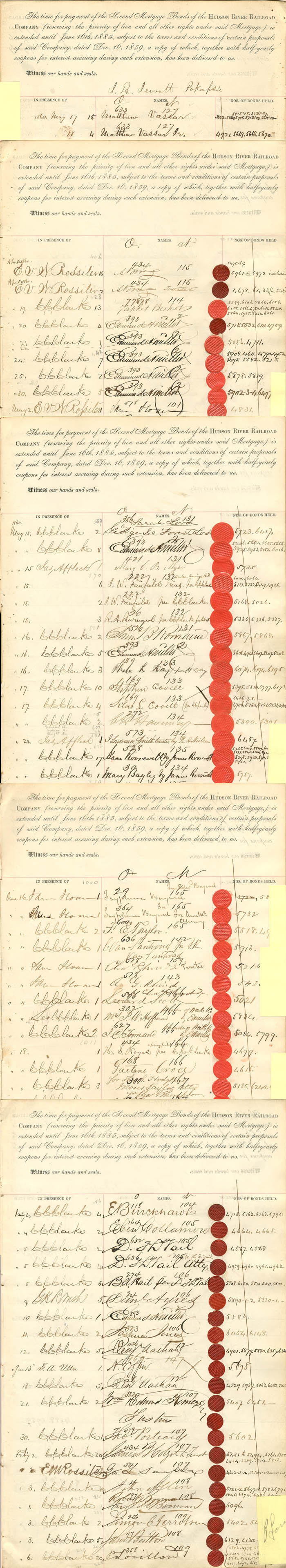 Hudson River Railroad Bond Receipt Sheet signed by Lorillard, Vassar, Sloan, Roosevelt, and Taylor